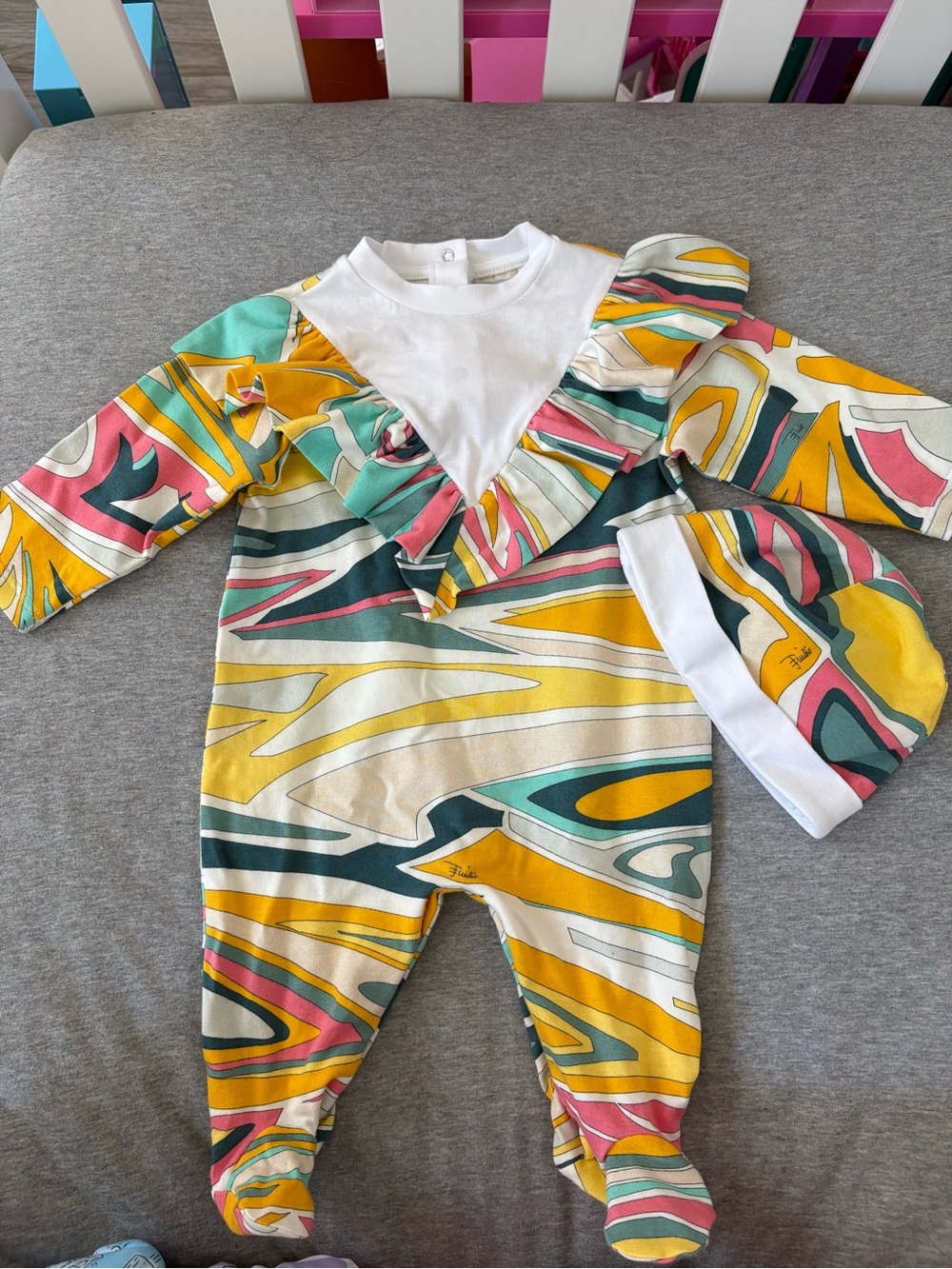 Emilio Pucci Multicolor Swirl Footed One-Piece with Ruffle and hat